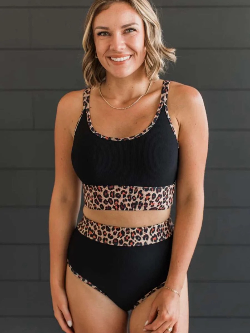 Mack and Mal Black Leopard High Rise Bikini Swimsuit NWT Medium